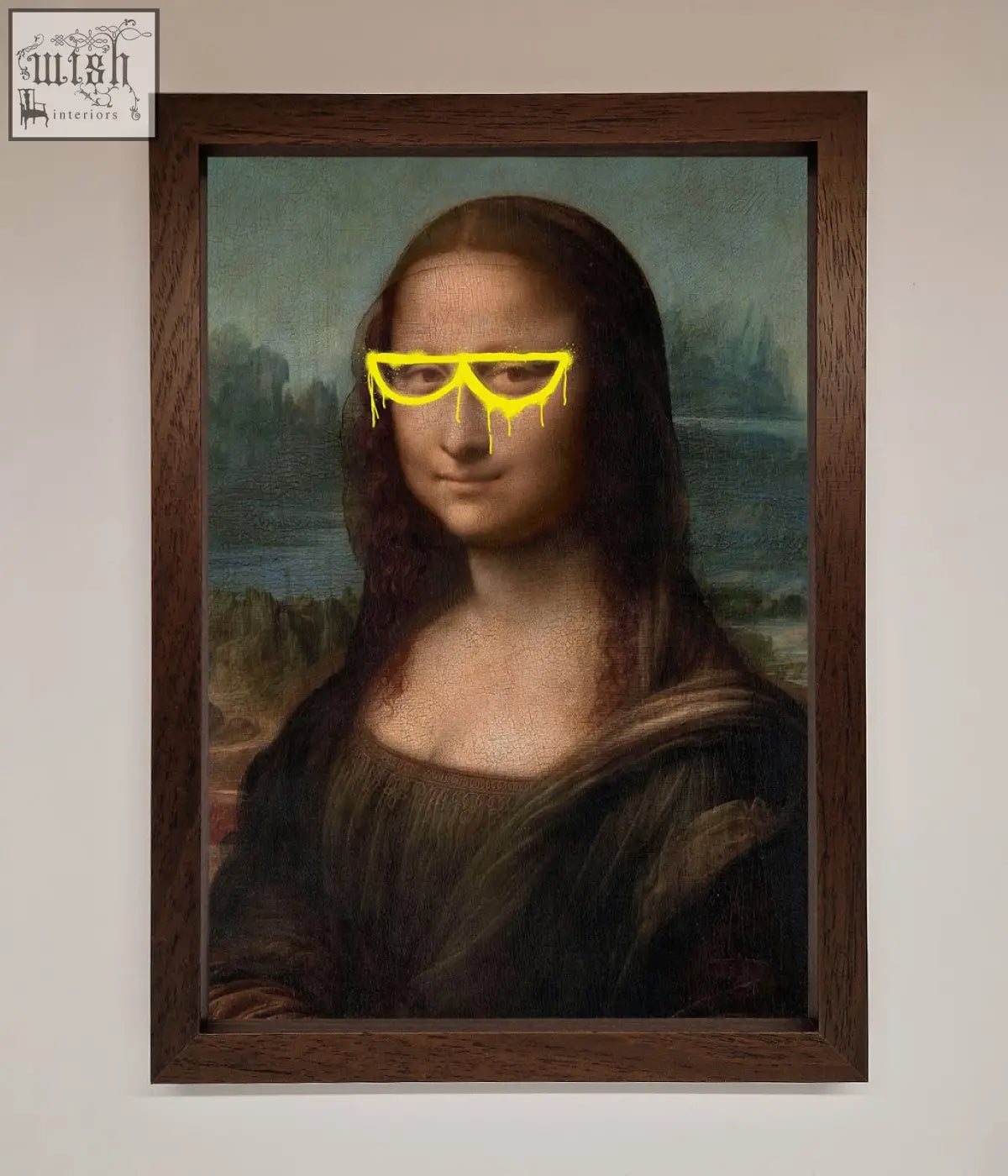 Framed mona lisa print featuring glowing yellow lisa glasses dripping like melted wax for cool wall art decor