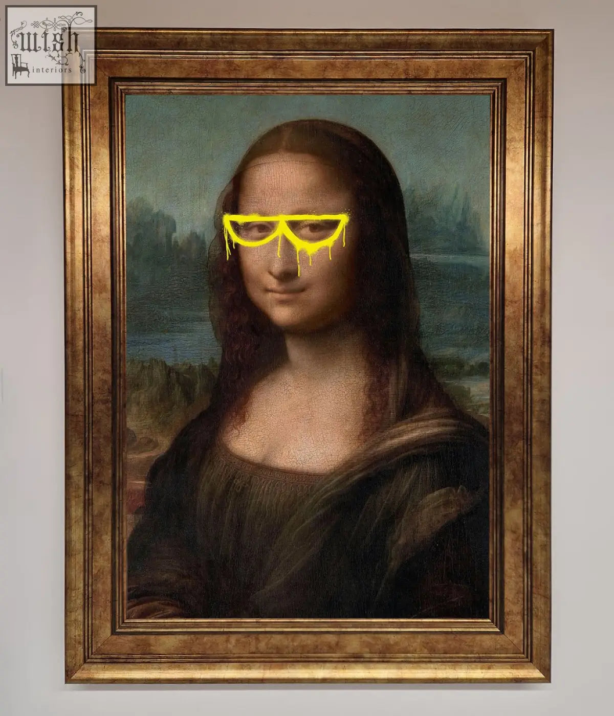 A mona lisa glasses framed print featuring the mona lisa wearing bright yellow dripping sunglasses