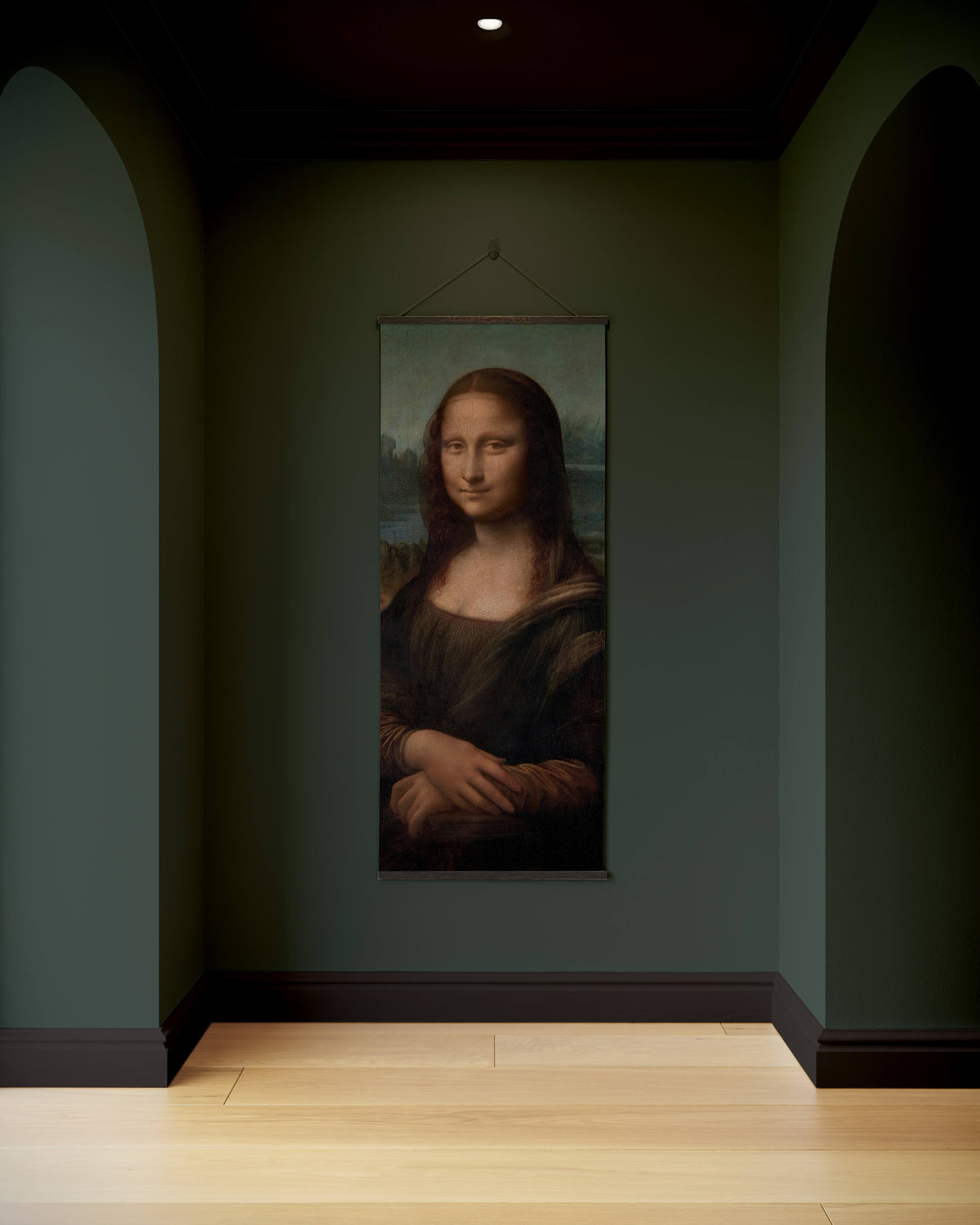 A framed mona lisa tapestry featuring leonardo da vincis iconic portrait with muted earth tones on a dark background