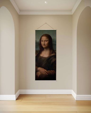 A framed mona lisa tapestry featuring her iconic smile and dark attire against a muted landscape background