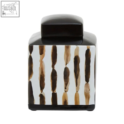 Black ceramic small ceramic jar with glossy finish and vertical brown beige brushstroke patterns on sides