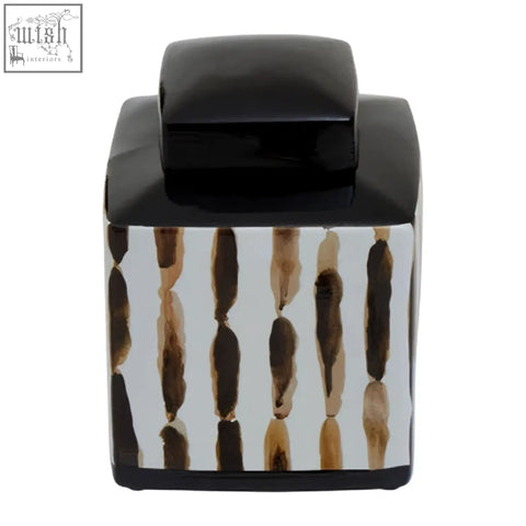 Black ceramic jar with glossy finish and brown brushstroke patterns on sides small ceramic jar for tea storage
