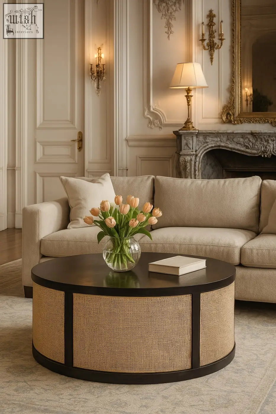 Monaco round rattan storage bench with black frame and woven cane rattan panels for stylish centerpiece use