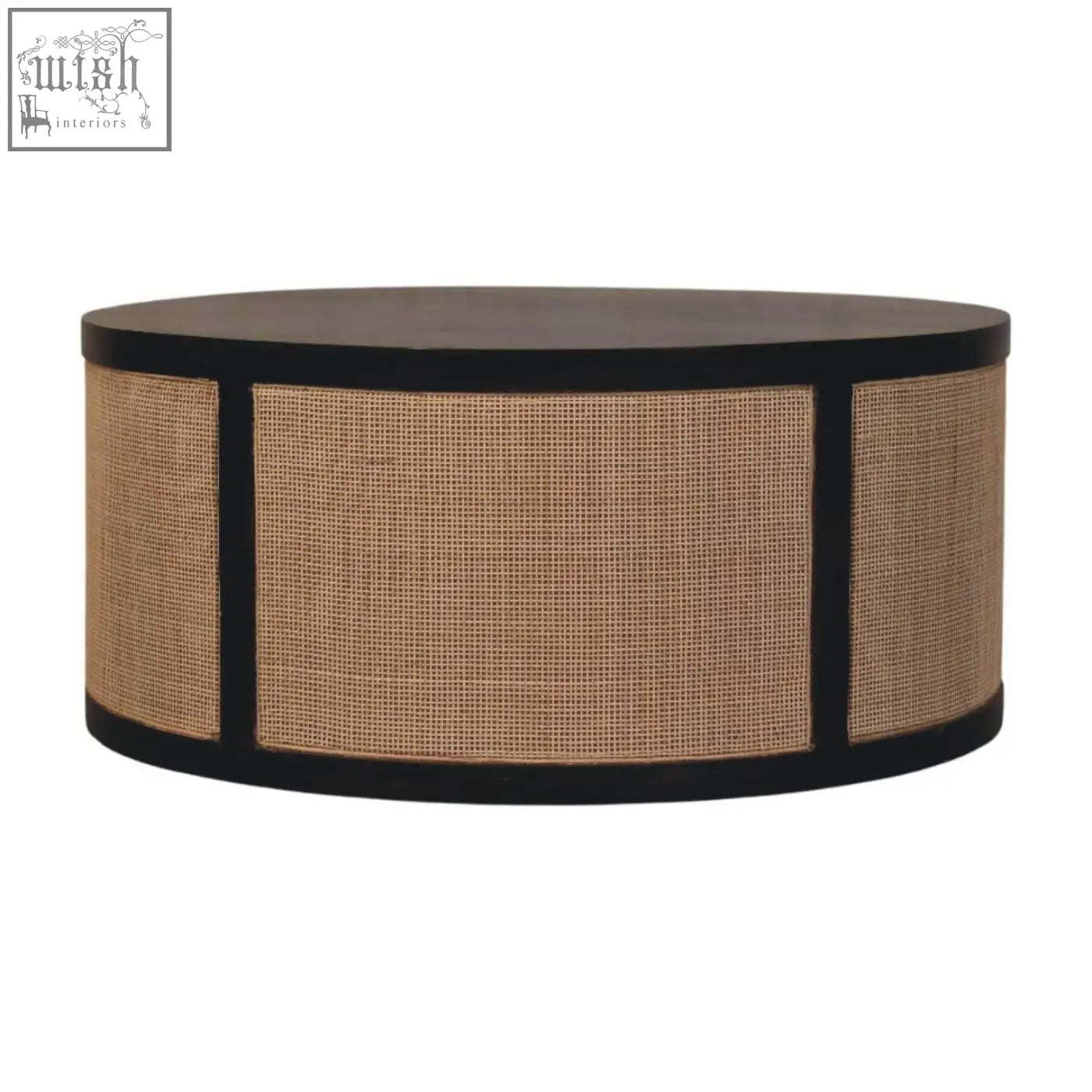 Monaco round rattan centerpiece bench with dark wood top black frame and three natural woven rattan panels