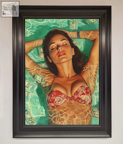 A framed painting of a money pool babe floating in turquoise water wearing a red floral bikini with dollar bills around
