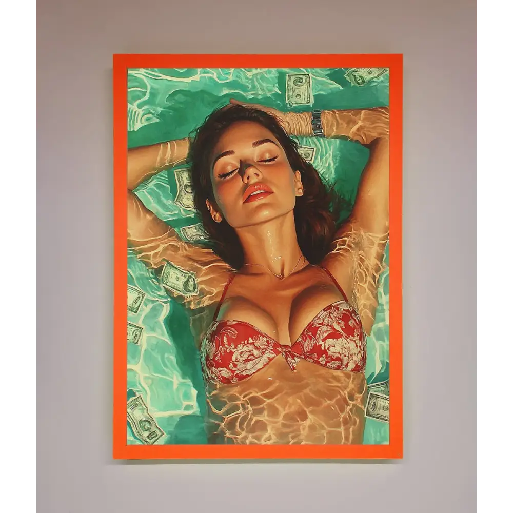Money Pool Babe Framed Wall Art - A3 (29.7 x 42 cm) / Neon Orange - Framed Print