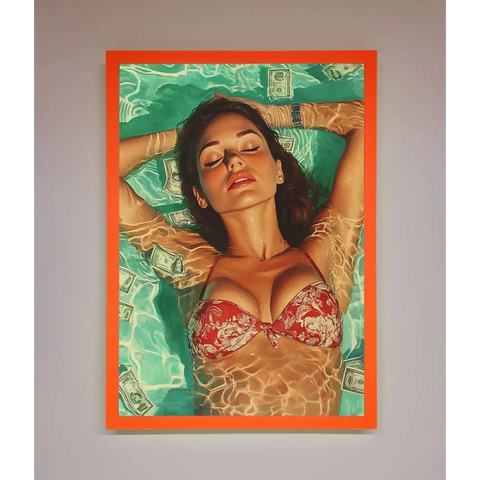 Money Pool Babe Framed Wall Art - A3 (29.7 x 42 cm) / Neon Orange - Framed Print