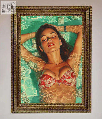 A framed painting of a money pool babe in a red floral bikini floating in green water with scattered dollar bills