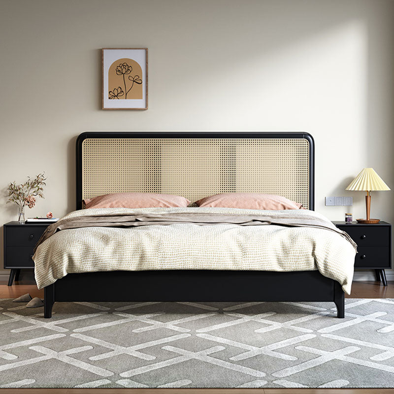 Black-framed monica queen size storage bed with woven cane headboard and upholstered mattress in king size and super king size