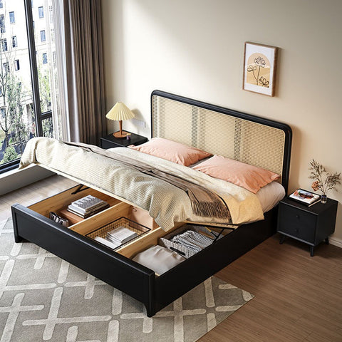 Black monica queen size storage bed with woven cane headboard and drawers perfect for king size or super king size rooms