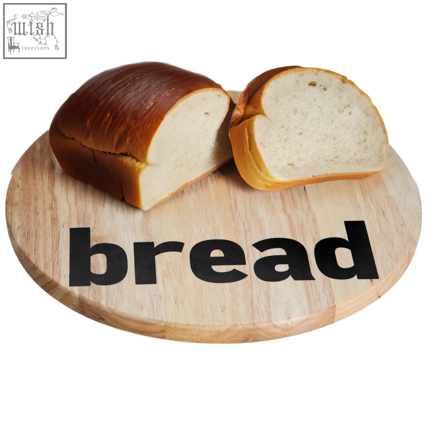 Golden-brown mono bread loaf with soft airy interior resting on environmentally friendly rubberwood mono bread board