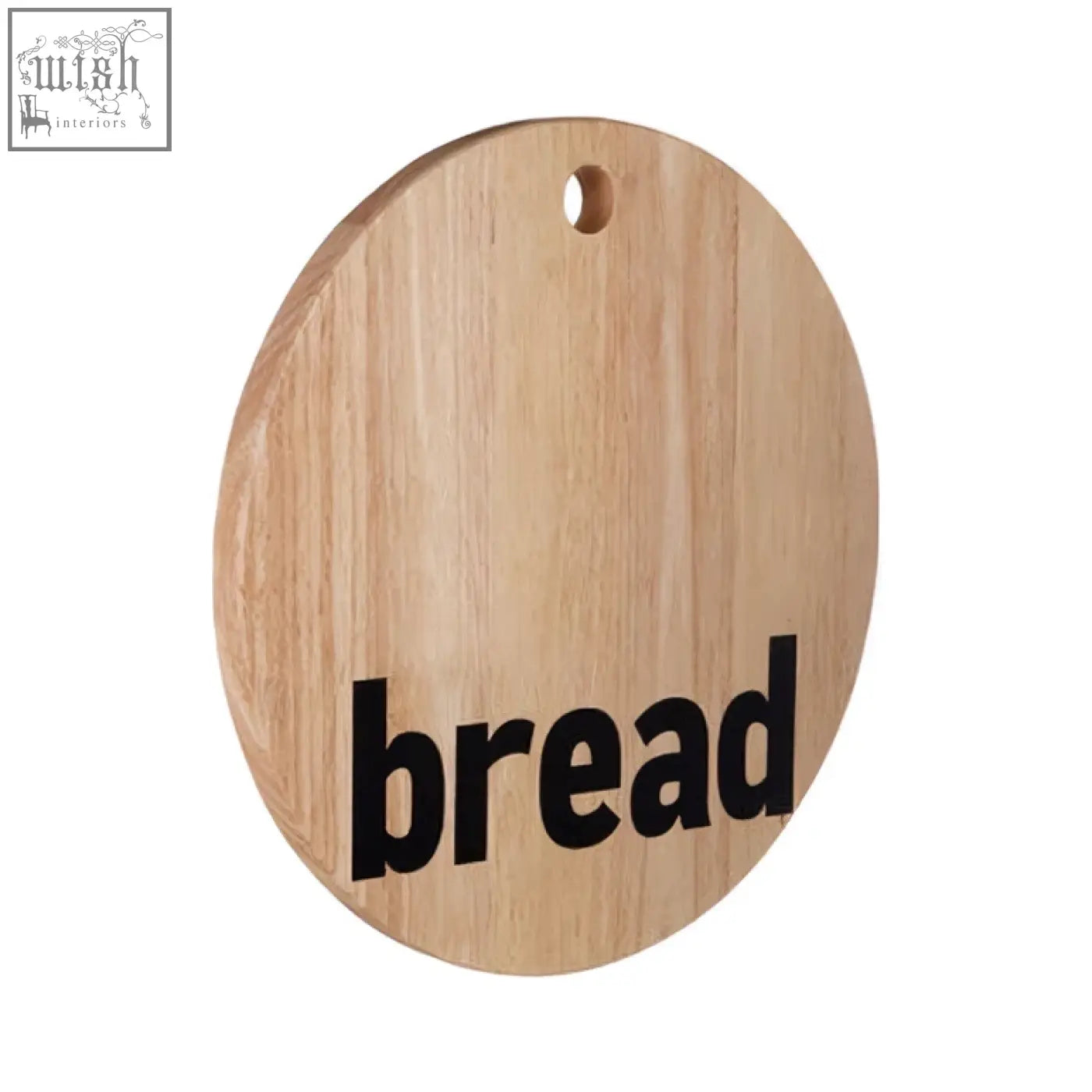 Light-colored wooden circular mono bread board made from environmentally friendly rubberwood with bread printed in black