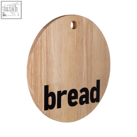 Light-colored wooden circular mono bread board made from environmentally friendly rubberwood with bread printed in black
