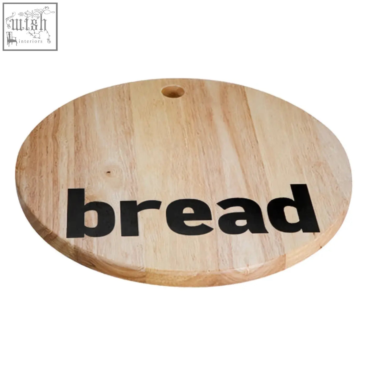 Light-colored wooden mono bread board made from environmentally friendly rubberwood with bread printed in bold black letters