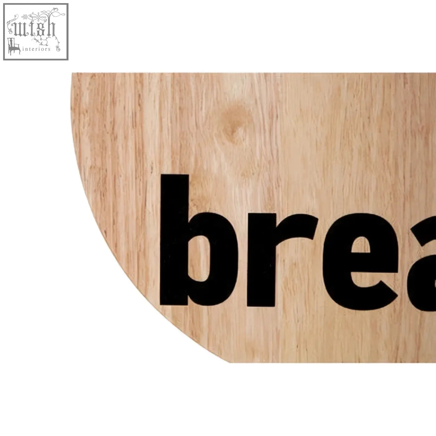 Light-colored wooden mono bread board made from environmentally friendly rubberwood with black bread lettering