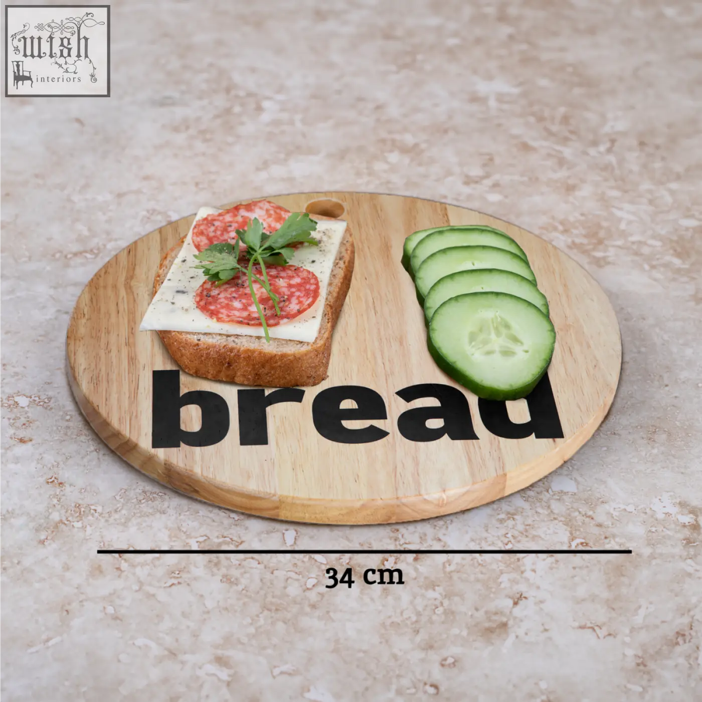 Round mono bread board made of environmentally friendly rubberwood with bread printed in black on its surface