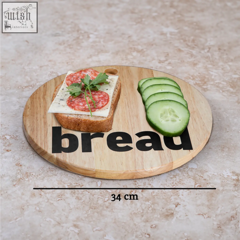 Round mono bread board made of environmentally friendly rubberwood with bread printed in black on its surface