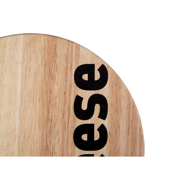 Light brown wooden mono cheese board with black ese text printed vertically on the surface