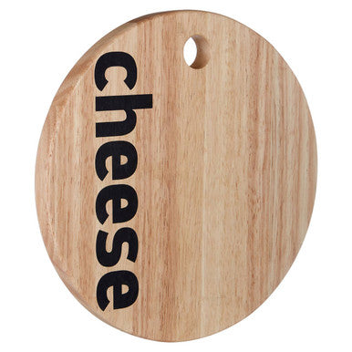 Light-colored wooden mono cheese board with vertical black cheese lettering perfect for serving cheese
