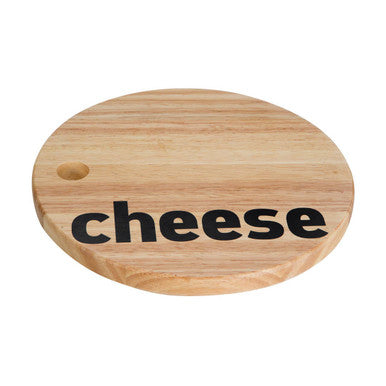 Light-colored wooden mono cheese board with cheese engraved in black perfect for serving cheese