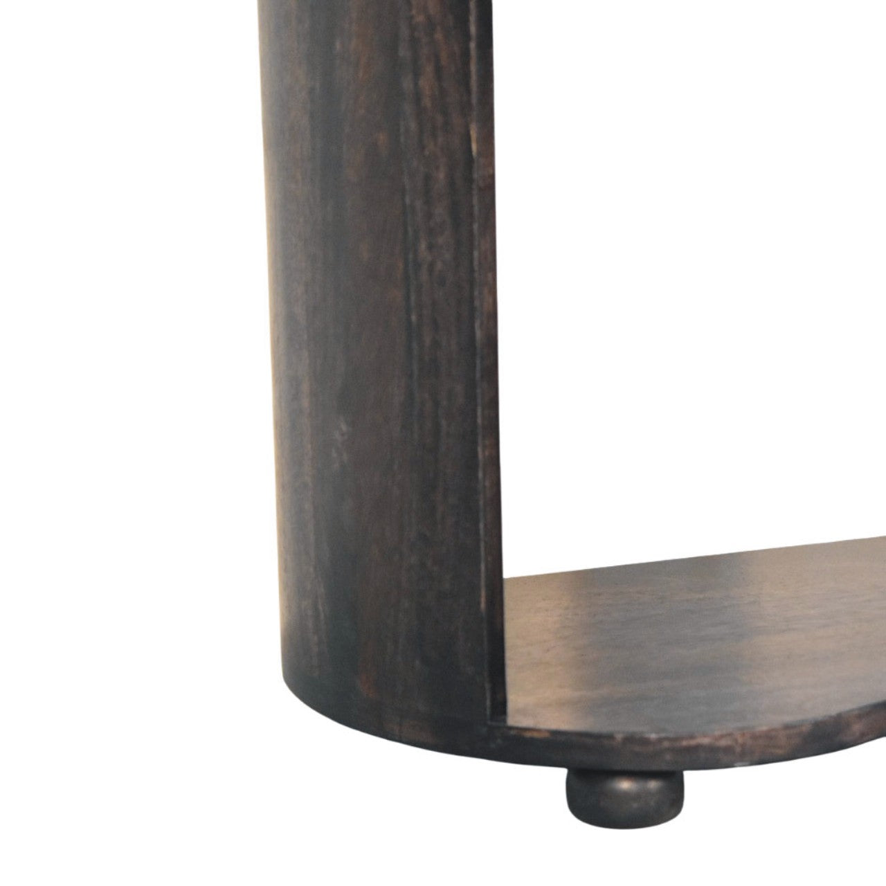 Dark brown wooden monroe bedside table with a curved rustic finish and small round foot perfect for bedrooms