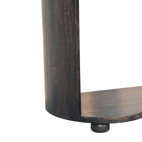 Dark brown wooden monroe bedside table with a curved rustic finish and small round foot perfect for bedrooms