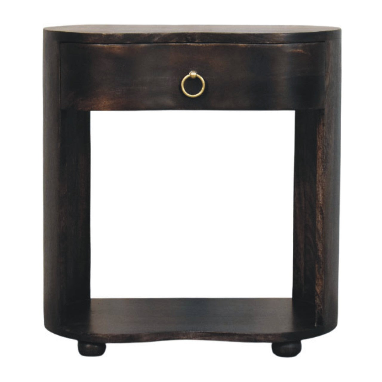 Dark brown wooden monroe bedside table with single drawer brass ring handle and rounded feet for bedroom use