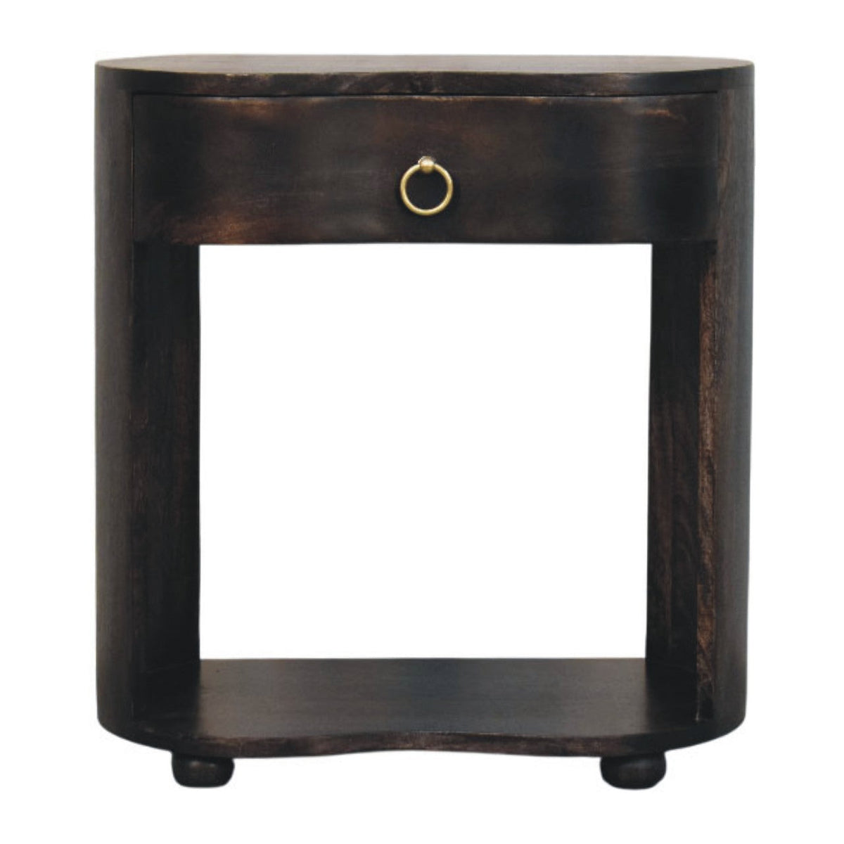 Dark brown wooden monroe bedside table with single drawer brass ring handle and rounded feet for bedroom use