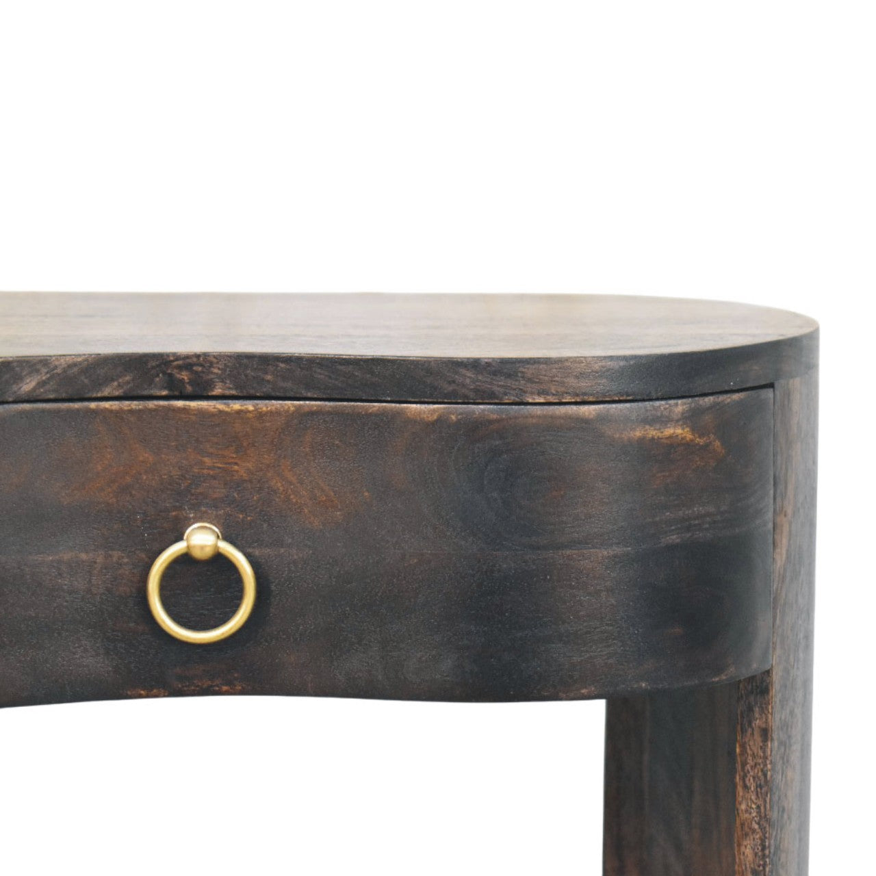 Dark-stained wooden Monroe bedside table with brass ring pull handle perfect for stylish bedroom storage