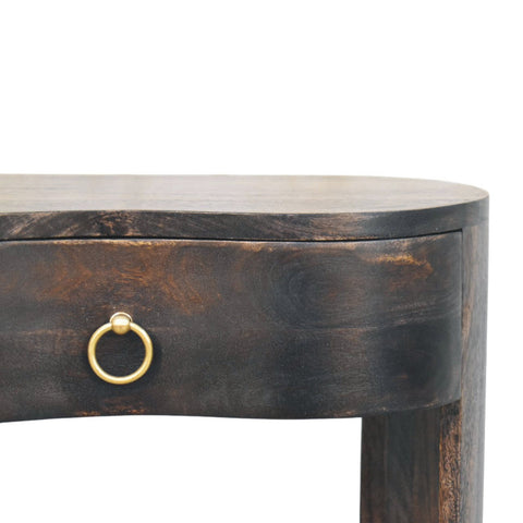 Dark-stained wooden Monroe bedside table with brass ring pull handle perfect for stylish bedroom storage