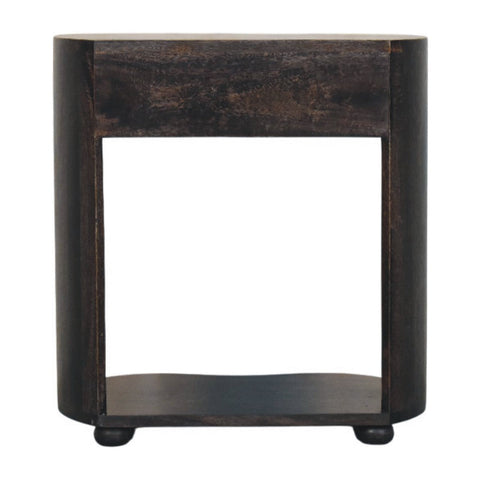 Dark-stained wooden monroe bedside table with a rectangular top open center and rounded legs with small feet