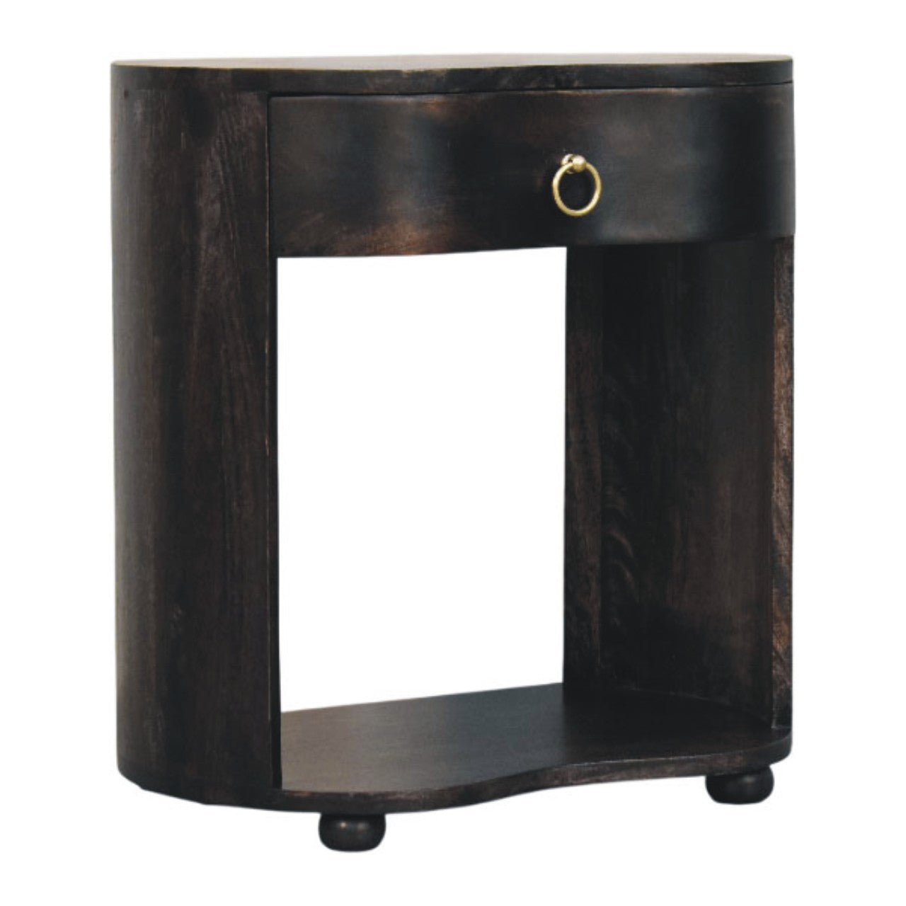 Dark wood monroe bedside table with a single drawer, gold ring pull, and rounded curved legs for stylish storage