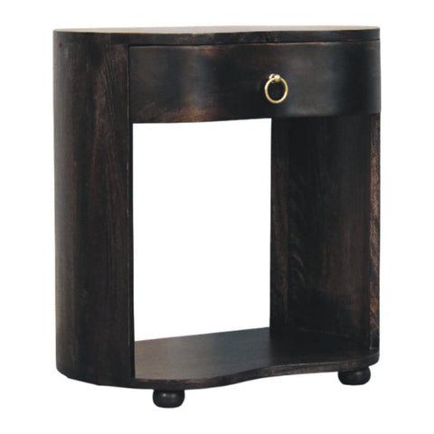 Dark wood monroe bedside table with a single drawer, gold ring pull, and rounded curved legs for stylish storage