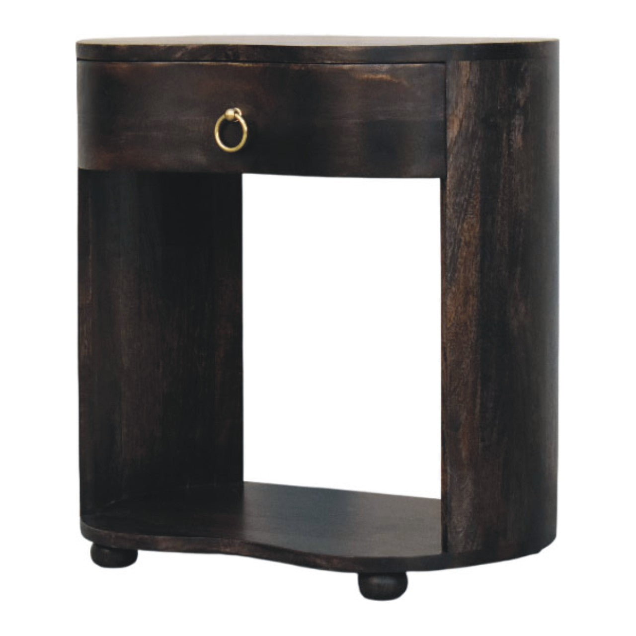 Dark wood monroe bedside table with half-moon shape single drawer and brass ring handle for bedroom use