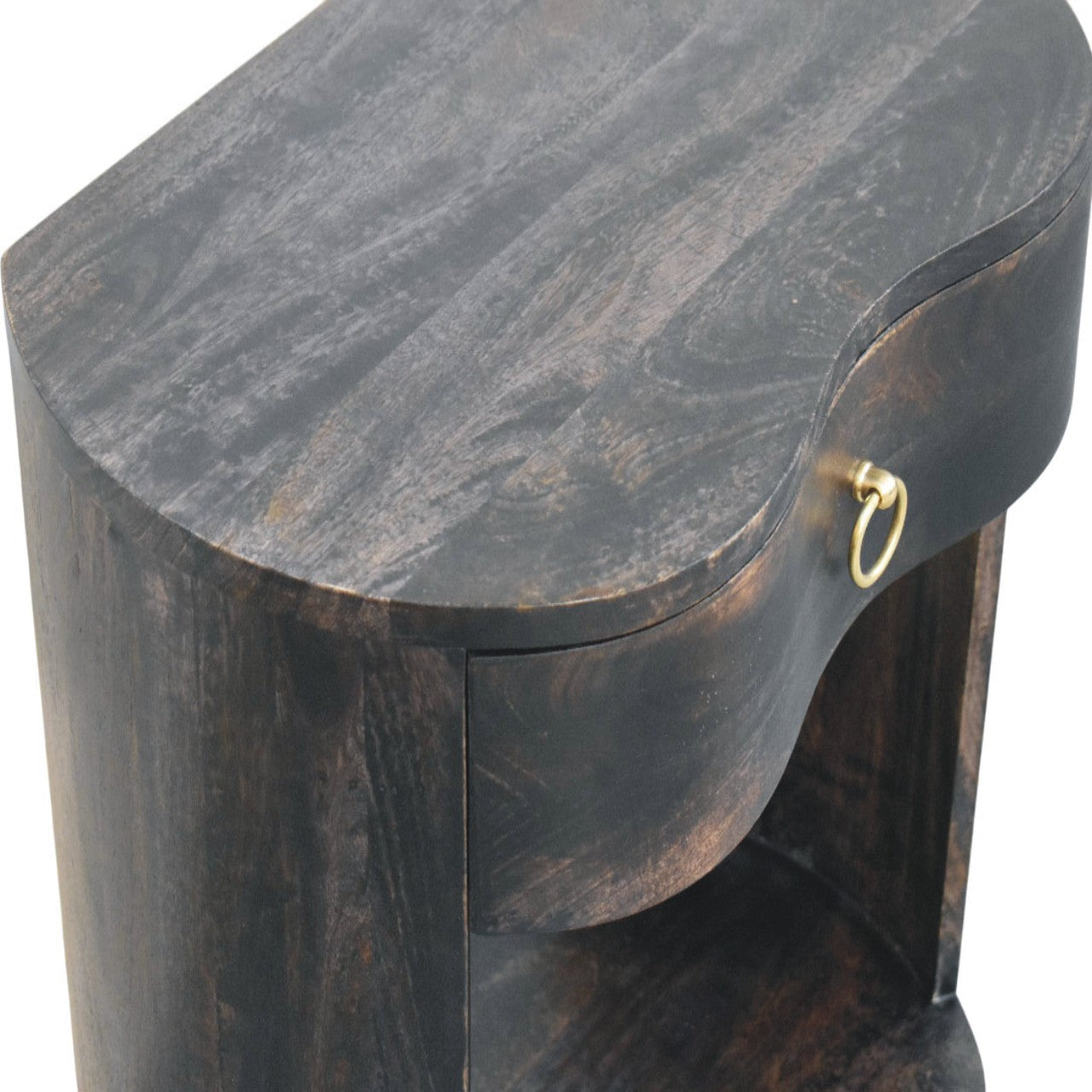 Dark wood monroe bedside table with curved oval top and single drawer with brass ring pull