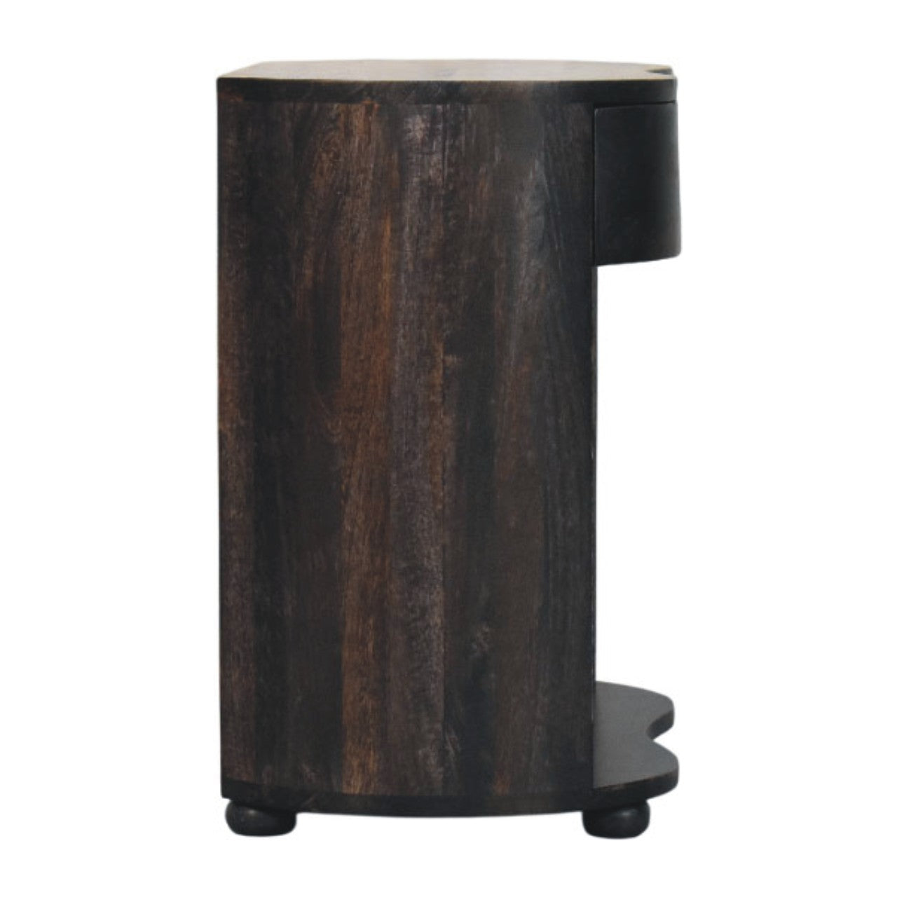 Dark wood monroe bedside table with single drawer and curved base perfect for bedroom storage