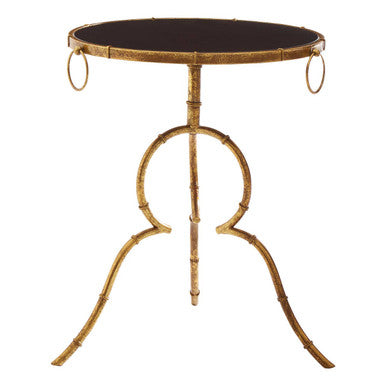 Monroe black tempered glass top accent table with gold bamboo-style frame and dark smooth tempered glass tabletop