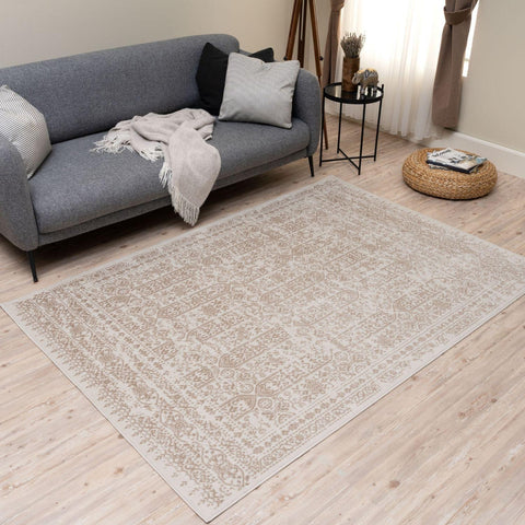 Beige rug Montana cream rectangular area rug with intricate vintage floral and geometric pattern in lighter beige tone