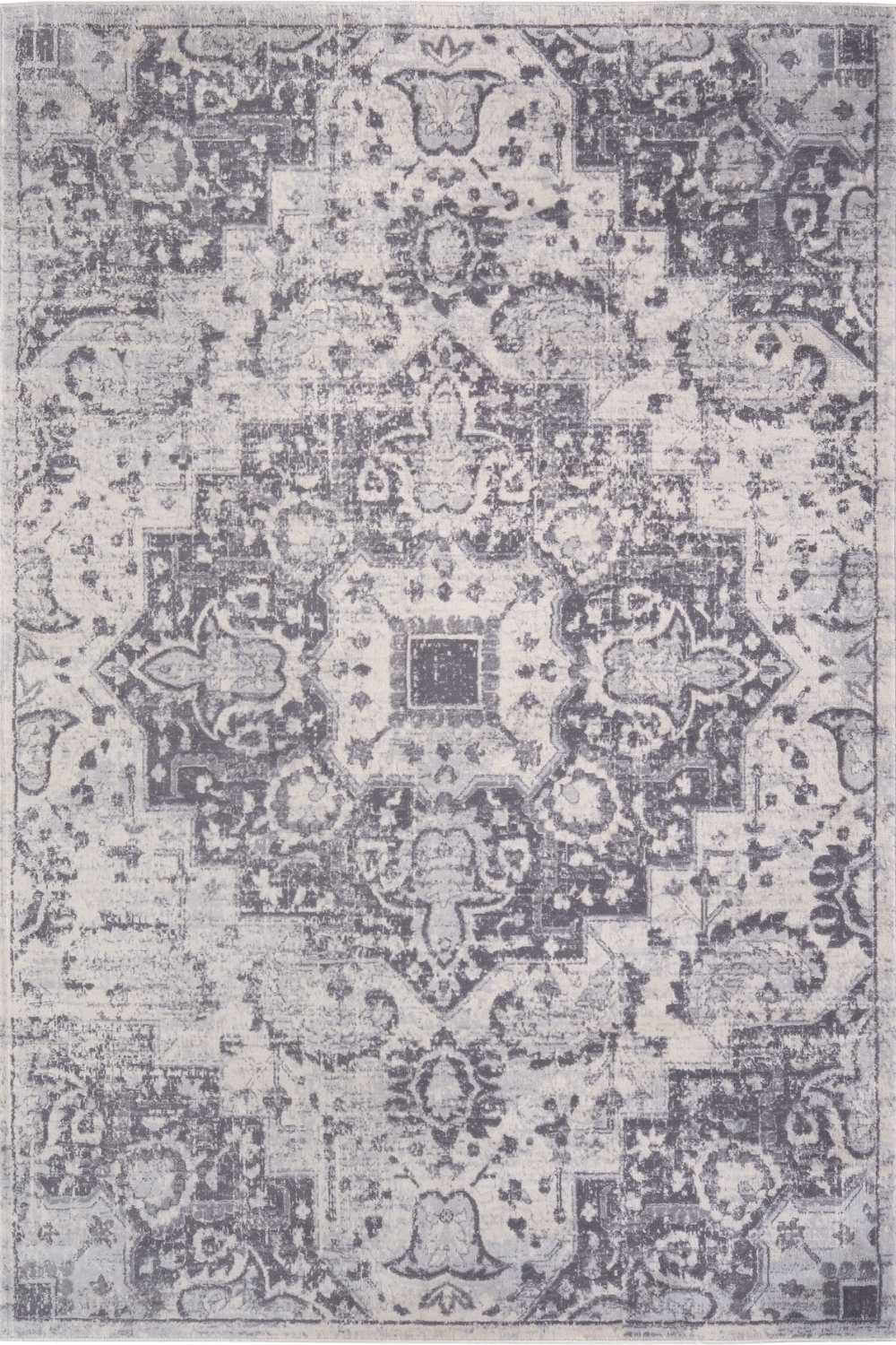Gray and white distressed vintage grey area rug with intricate floral and geometric patterns montana vintage grey