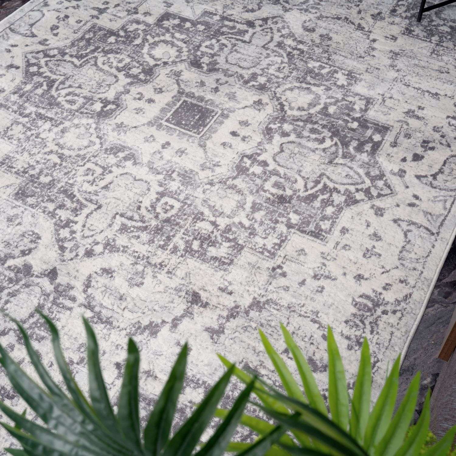 Montana vintage grey rug with a distressed cream and grey floral geometric pattern perfect for cozy spaces