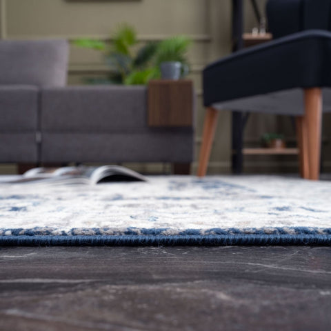 Blue fringe montana vintage navy rug with white and gray patterned surface perfect for vintage navy decor