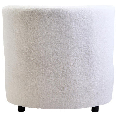 Montreal ivory boucle effect armless lounge chair with white plush cylindrical ottoman and black legs