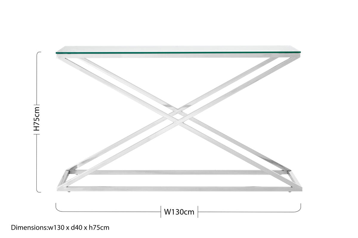 Modern montril criss cross console table with clear glass top and polished chrome x-shaped base for stylish storage