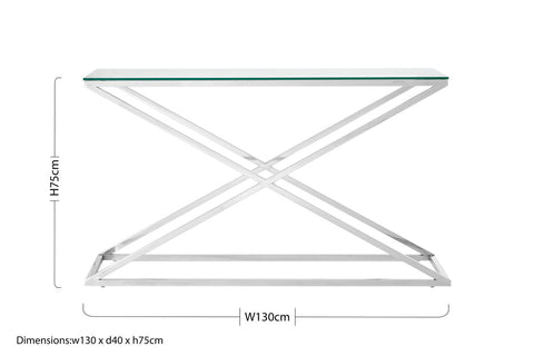 Modern montril criss cross console table with clear glass top and polished chrome x-shaped base for stylish storage