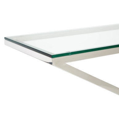 Sleek minimalist montril criss cross console table with a glass top and polished chrome cross console frame
