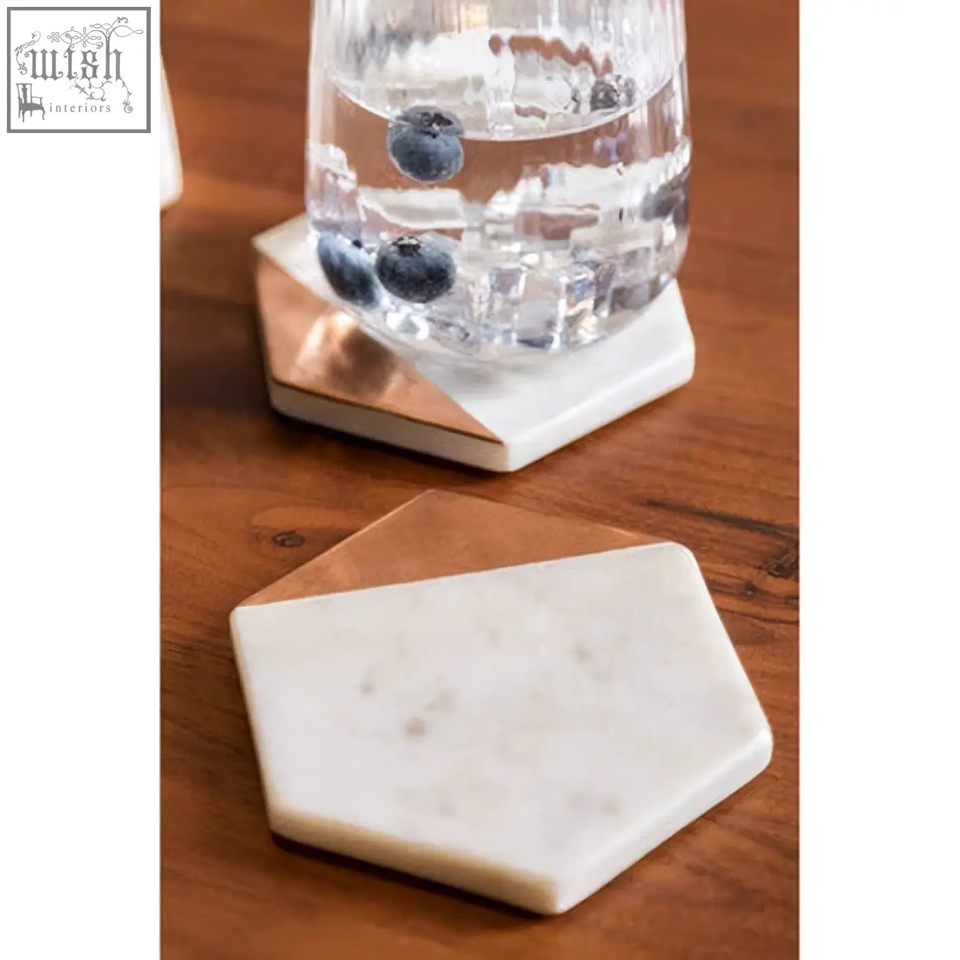 Monzaro set of 4 white marble hexagonal coasters with copper inlay edges for stylish drink protection