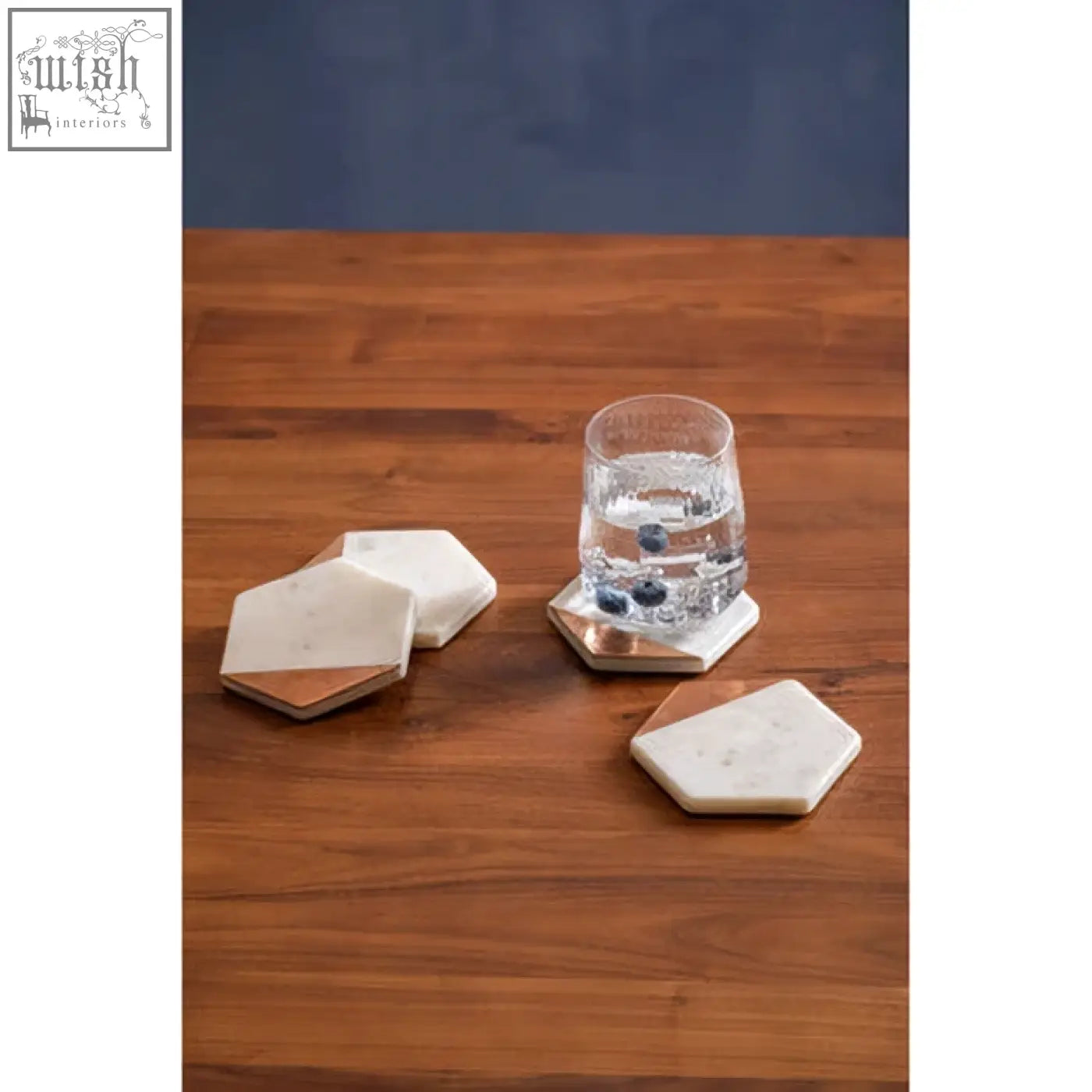 Monzaro set of 4 white marble and copper inlay coasters with hexagonal shape and wooden base for stylish use
