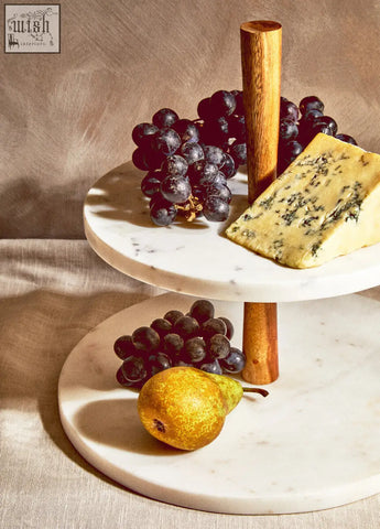 Monzaro two tier marble cake stand with acacia wood support perfect for cakes and fruits display