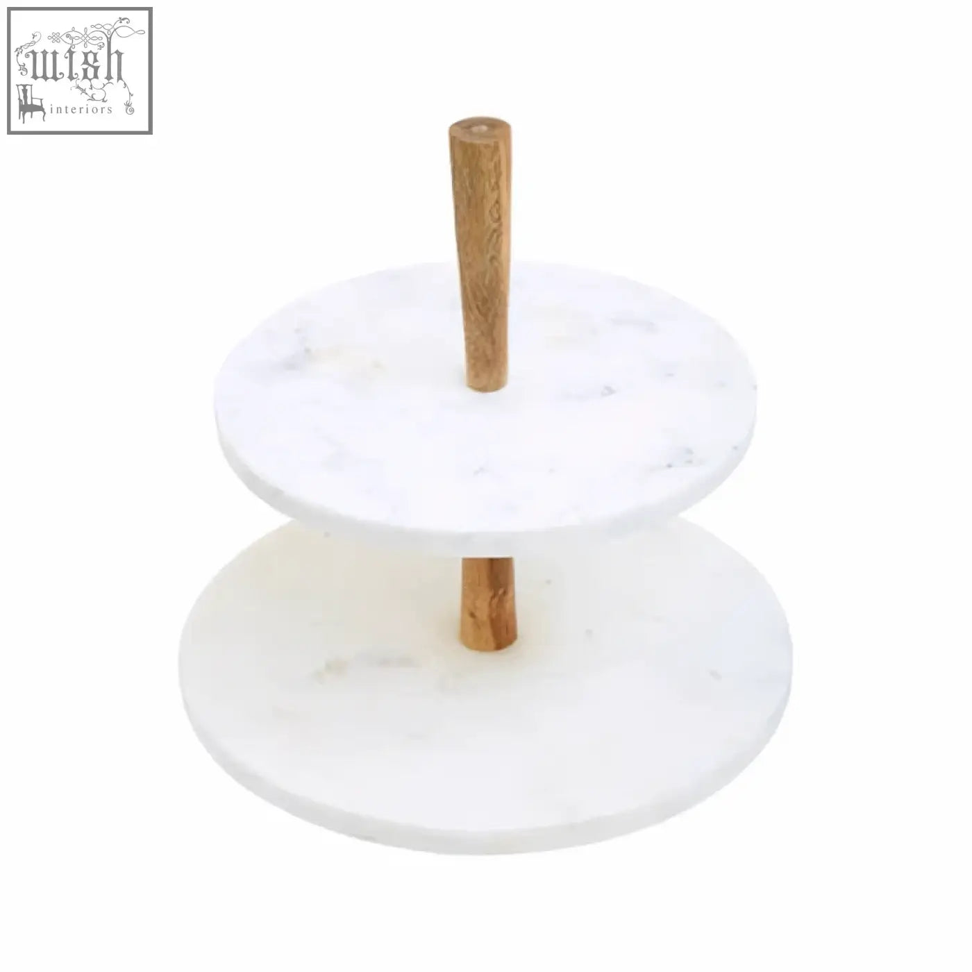 Monzaro two tier marble and acacia wood cake stand with white marble trays and light wood central supports