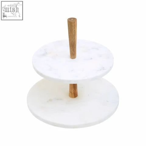 Monzaro two tier marble and acacia wood cake stand with white marble trays and light wood central supports